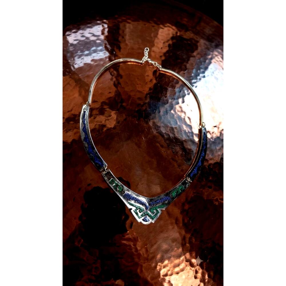 Vintage Mexican Alpaca Inlay Collar Necklace Crushed Stone Choker Blue Green